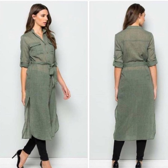 Tops - Sheer button down belted top. Olive. Small